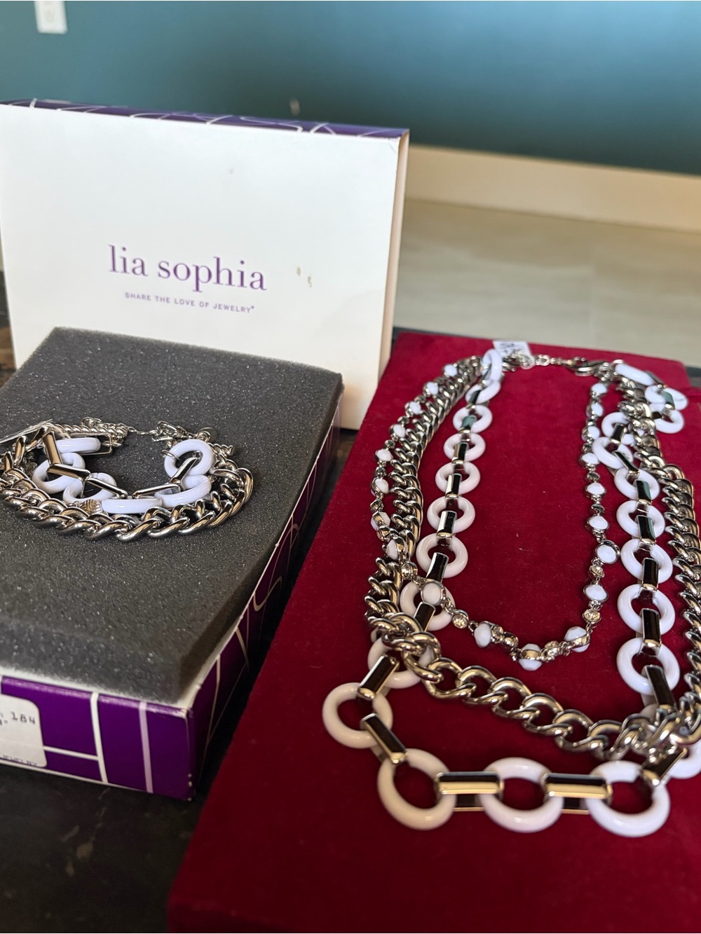 Lia Sophia White and Silver Multi-Strand Necklace and Bracelet Set